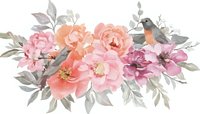 Watercolor floral arrangement with pink and peach peonies, small birds, and delicate foliage on white background, suitable for wedding stationery.