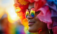 Young African American woman wearing rainbow sunglasses and colorful flower crown at pride celebration, smiling with sunset glow and vibrant bokeh background.