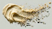 Creamy beige cosmetic texture with digital pixel disintegration effect on neutral background, showcasing modern beauty product transformation.