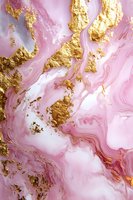Pink and gold marble texture with flowing liquid patterns and metallic gold foil accents creates luxurious abstract background for elegant design projects.