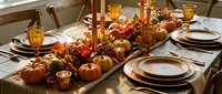 Elegant autumn dining table decorated with orange pumpkins, candles, and seasonal foliage for Thanksgiving dinner celebration and holiday entertaining.