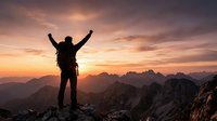 Silhouetted hiker with raised arms standing on mountain peak at sunset, celebrating achievement with dramatic golden sky and layered mountain ranges in background.