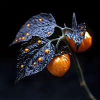 Orange physalis fruits with dark purple wet leaves covered in water drops against black background, dramatic lighting creates moody atmosphere.