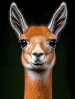 Close-up portrait of young vicuna face with large expressive eyes and distinctive long ears against dark background, showing detailed fur texture and gentle expression.