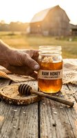 Farmer holding jar of raw unfiltered honey with wooden dipper on rustic table, barn and field in background. Organic local honey production and agricultural harvest concept.