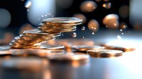 Stacks of golden coins scattered on reflective surface with blurred bokeh lights in background, creating wealth and financial prosperity concept.