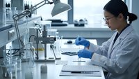 Asian female scientist in white lab coat conducting research experiment with laboratory equipment and microscope in modern medical facility.
