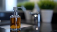 Amber glass soap dispenser with chrome pump on modern kitchen counter with blurred background of plants and appliances for contemporary home decor.