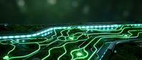 Futuristic green circuit board with glowing pathways and electronic components in dark tech environment for digital technology concepts.