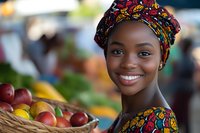Young African woman in colorful traditional headwrap smiling at camera while holding basket of fresh fruits at outdoor market. Portrait for cultural diversity content.