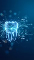 Digital tooth hologram with glowing neural networks and data streams on blue background for dental technology and healthcare innovation concepts.