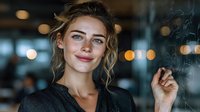 Young blonde woman smiling warmly in modern office environment with bokeh lights background, professional business portrait for corporate communications.