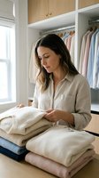 Woman with long dark hair and East Asian ethnicity, wearing a beige linen shirt, organizing and folding neatly stacked sweaters and clothing in a modern walk-in closet with wooden and white shelving, ideal for home organization and lifestyle content.