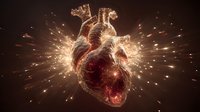 Human heart with golden light rays and sparks radiating outward on dark background for medical education and healthcare concepts.