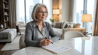 Senior Caucasian businesswoman with glasses writing documents at modern office desk, professional mature female executive working on paperwork in bright workspace.
