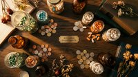 Vintage investment planning scene with coins, jars, dried flowers and wooden elements on rustic table for financial growth and savings concepts.