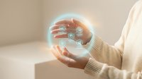 Hands holding glowing digital sphere with circuit board patterns and technology icons, representing innovation, connectivity, and future digital transformation concepts.