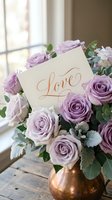 Lavender roses in a copper vase with a calligraphy love card, romantic wedding floral arrangement on a rustic wooden table.