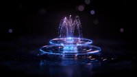 Glowing fountain with luminous blue rings and water streams creating magical effect on dark background with bokeh lights and rippling surface.