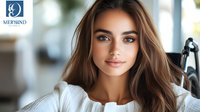 Young attractive brunette woman with long wavy hair and natural makeup sitting indoors with soft lighting, perfect for lifestyle and beauty content.