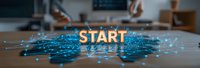 Glowing start text on illuminated blue network connections against blurred office background, symbolizing digital transformation and business beginnings.