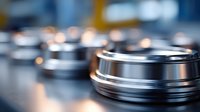 Macro shot of precision engineered metal components with selective focus showing machined rings and circular parts in metallic finish. Industrial manufacturing concept.