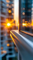 Sunlight streaming through modern window frame creating golden lens flare and bokeh effect against urban cityscape background at sunset.