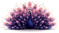 Majestic peacock displaying vibrant plumage in shades of pink and purple against white background, stylized fantasy art illustration with ethereal glowing feathers.