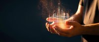Hands holding glowing financial chart with rising bars and golden light particles, representing business growth, investment success, and data analytics for corporate finance concepts.