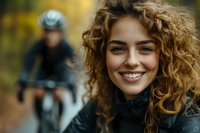 Young woman with curly blonde hair smiling at camera while cycling outdoors in autumn park with blurred cyclist in background for active lifestyle content.