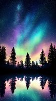 Spectacular northern lights dance across starry sky over silhouetted pine forest, reflecting in calm lake water with vibrant blue, green, and purple aurora colors.