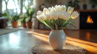White tulips in ceramic vase on wooden table with warm sunlight streaming through window, creating cozy atmosphere with fireplace glow in background.