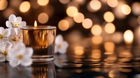Elegant amber glass candle with white cherry blossoms creates warm ambiance against golden bokeh lights background for spa relaxation and wellness.