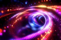 Glowing spiral tunnel with vibrant neon particles creating dynamic motion effect in pink, purple and blue colors against dark background, abstract digital art.