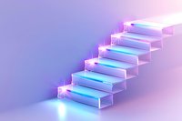 Glowing neon stairs with blue and pink lighting effects on gradient background create futuristic minimalist composition for modern interior design concepts.