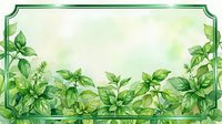 Watercolor mint and basil leaves border frame with green decorative corners on isolated white background, ready for culinary design, recipe cards, and kitchen branding projects.