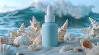 Turquoise cosmetic dropper bottle on beach sand with seashells and starfish against ocean waves. Natural skincare concept for beauty and spa products.