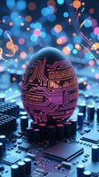 Futuristic egg with neon circuit board patterns and binary code on computer motherboard with glowing bokeh lights, representing artificial intelligence and digital technology innovation.