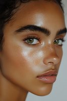 Close-up portrait of young woman with glowing bronzed skin, green eyes, defined eyebrows and glossy lips showing dewy makeup look against light background.