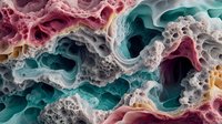 Microscopic view of colorful organic matter showing intricate cellular structures in turquoise, pink and white tones, revealing natural patterns and textures.