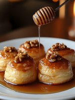 Golden honey drizzling over flaky pastries topped with walnuts on white plate, perfect for bakery menus, dessert blogs, and culinary marketing materials.