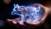 Glowing holographic wolf with constellation effect floating above open palm, digital art concept showing futuristic technology and nature connection.