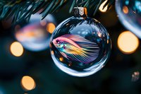 Colorful betta fish painted on transparent Christmas ball ornament against blurred holiday lights and pine branches creating magical festive atmosphere.