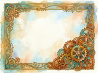 Steampunk ornamental frame with brass gears, cogs, and decorative scrollwork in gold and teal tones on aged parchment background. Suitable for invitations, certificates, and vintage design projects.