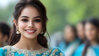 Young South Asian woman in traditional turquoise embellished dress smiling brightly with natural makeup and gold earrings against blurred background at cultural celebration.