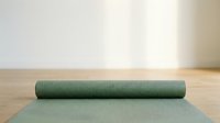 Rolled green yoga mat on wooden floor with unrolled section visible, ready for fitness and wellness practice.