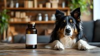 Border collie dog sitting at wooden table with medicine bottle in cozy home interior with shelves and plants in background for pet health care concepts.