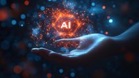 Glowing AI symbol floating above an outstretched hand against dark background with blue and orange bokeh lights creates futuristic technological atmosphere.