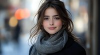 Young Caucasian woman with natural makeup and windswept dark hair wearing gray knit scarf and black coat smiling at camera against blurred urban background in soft lighting.