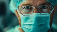 Close up portrait of medical professional wearing surgical mask, cap and glasses in operating room with dramatic teal lighting and shallow depth of field.